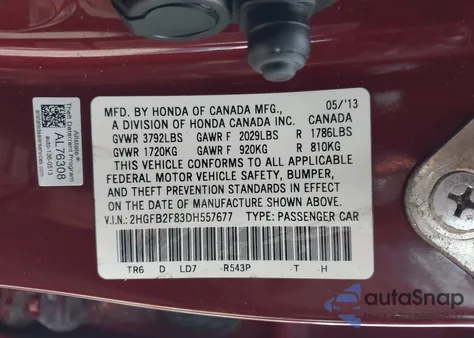 2013 Honda Civic Ex z USA, uszkodzony, nr VIN 2HGFB2F83DH557677